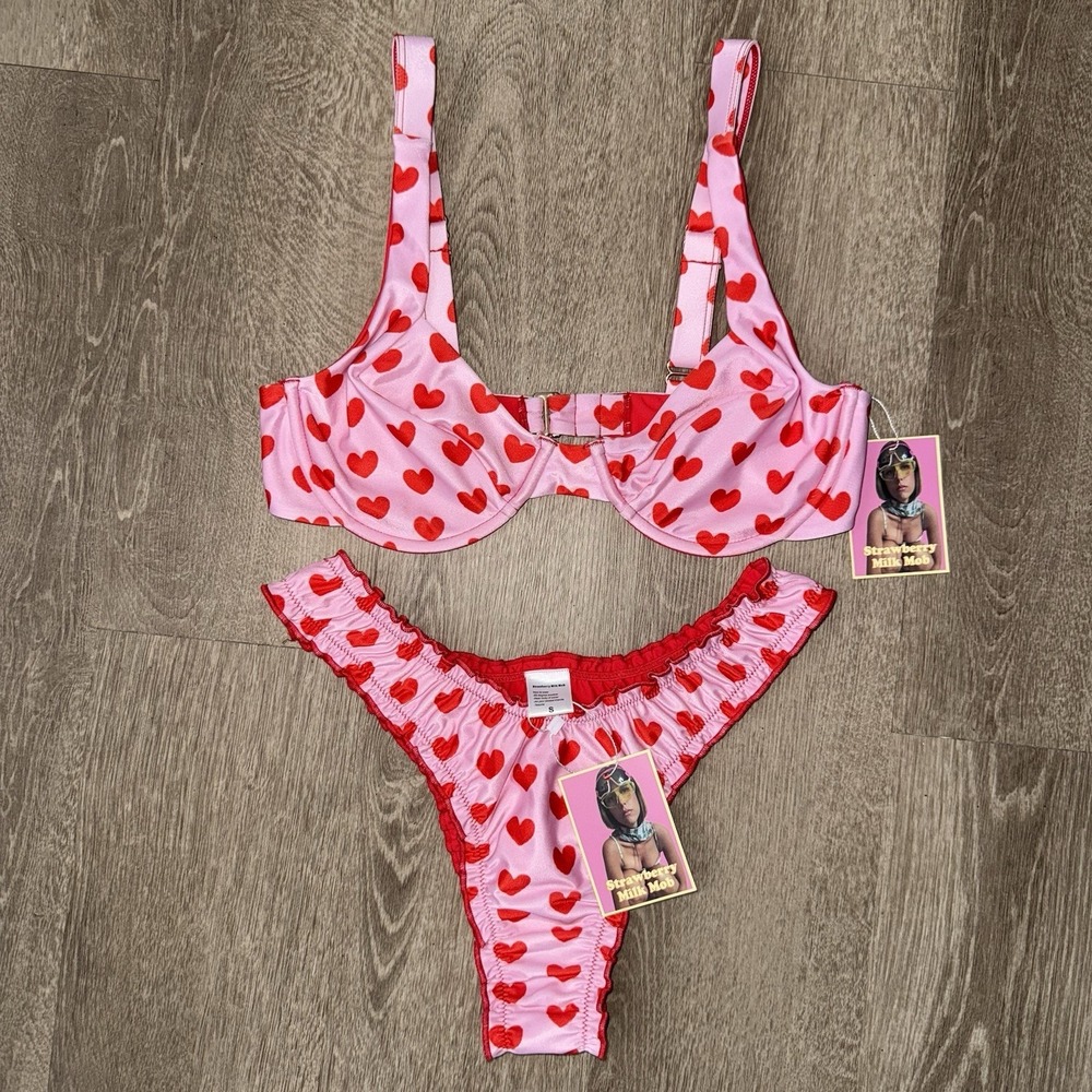 NEW Strawberry Milk Mob Queen Of Hearts Bikini Top Medium Bottoms Small Pink
